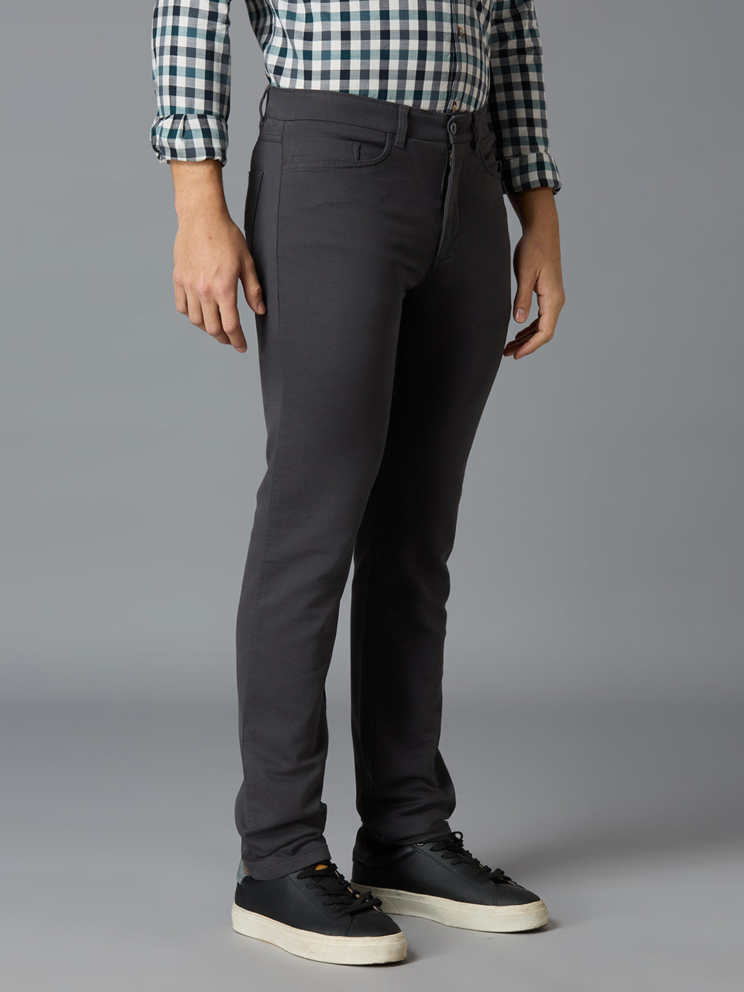 Grey 97% Cotton 3% Spandex Plain Tailor Fit Smart Casual 5 Pocket Trousers