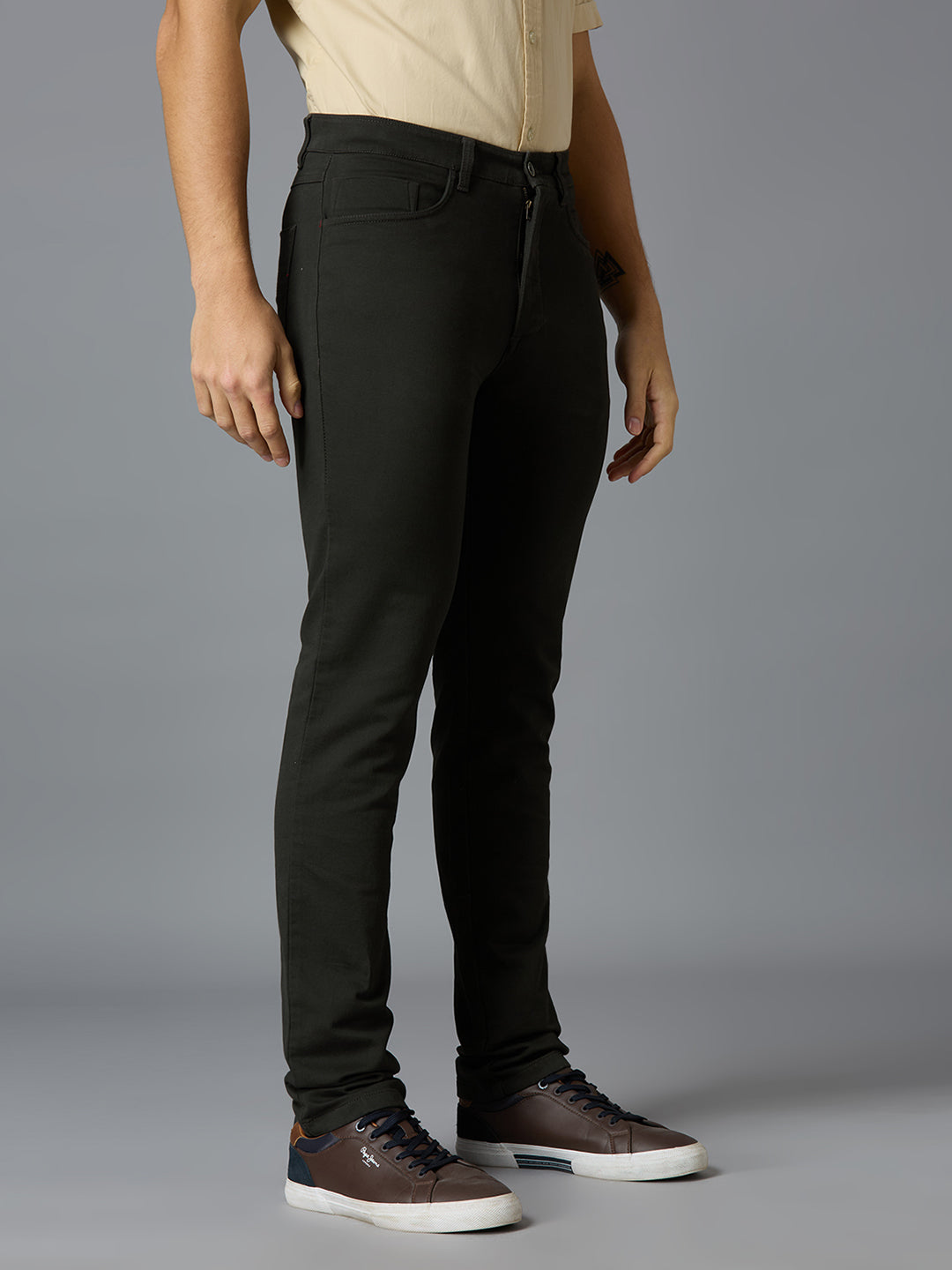 Olive 97% Cotton 3% Spandex Plain Tailor Fit Smart Casual 5 Pocket Trousers