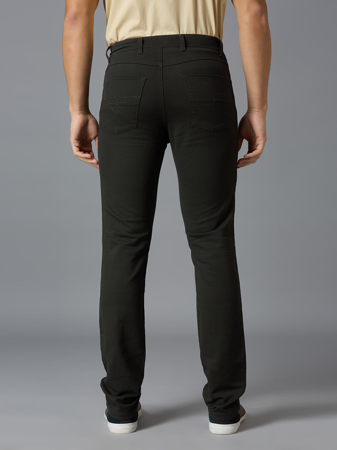 Olive 97% Cotton 3% Spandex Plain Tailor Fit Smart Casual 5 Pocket Trousers
