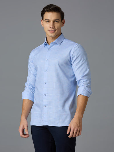 Men's Pure Cotton Checks Slim Fit Full Sleeve Formal Shirt - Blue