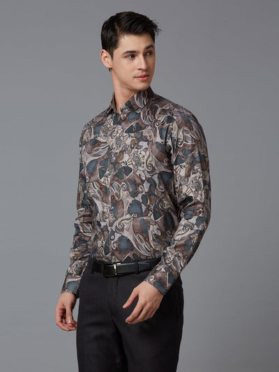 Men's Pure Cotton Printed Printed Slim Fit Full Sleeve Formal Shirt - Green