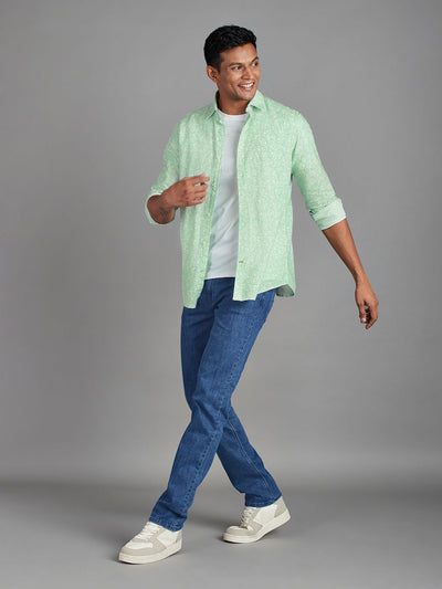 Men's Cotton Linen Printed Printed Slim Fit Full Sleeve Casual Shirt - Green