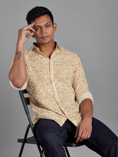 Men's Cotton Linen Printed Printed Slim Fit Full Sleeve Casual Shirt - Gold