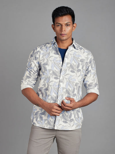 Men's Cotton Linen Printed Printed Slim Fit Full Sleeve Casual Shirt - Blue