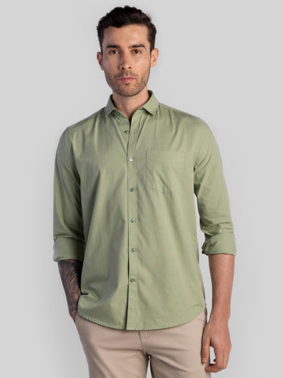 Men's Pure Cotton Plain Slim Fit Full Sleeve Casual Shirt - Green
