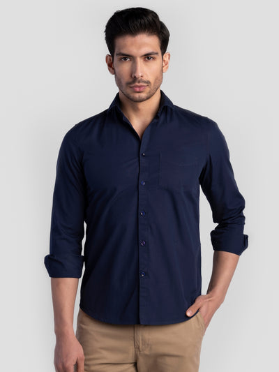 Men's Pure Cotton Plain Slim Fit Full Sleeve Casual Shirt - Blue