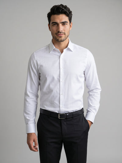 Men's Pure Cotton Dobby Solid Slim Fit Full Sleeve Formal Shirt - White