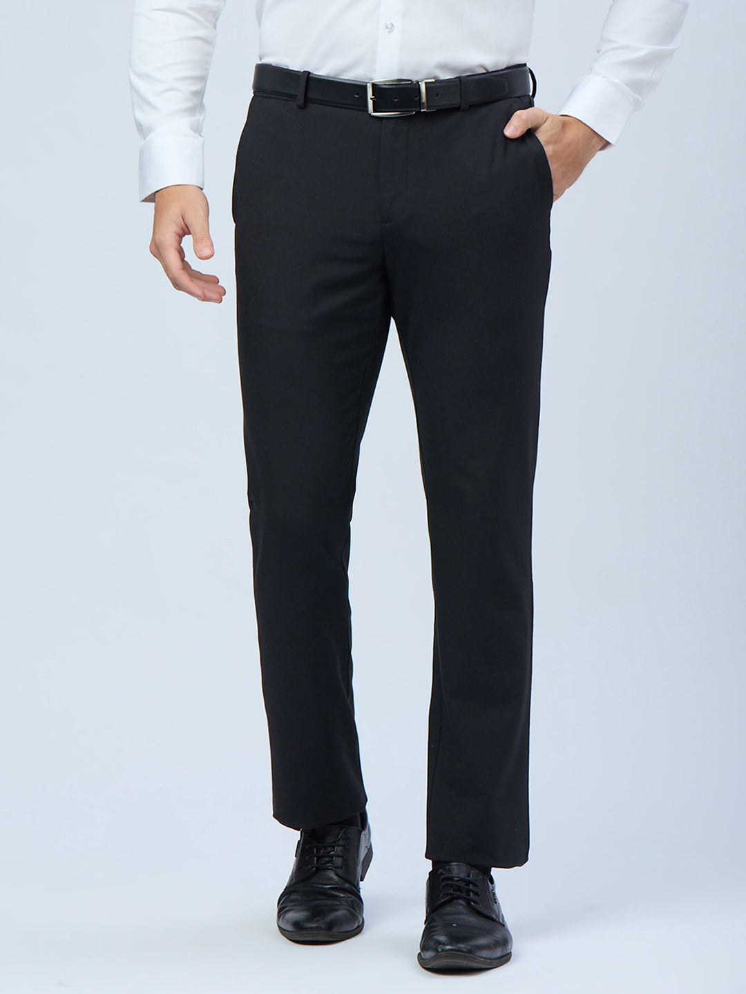 Black Poly Viscose Elastane Plain Tailor Fit Smart Casual Trousers