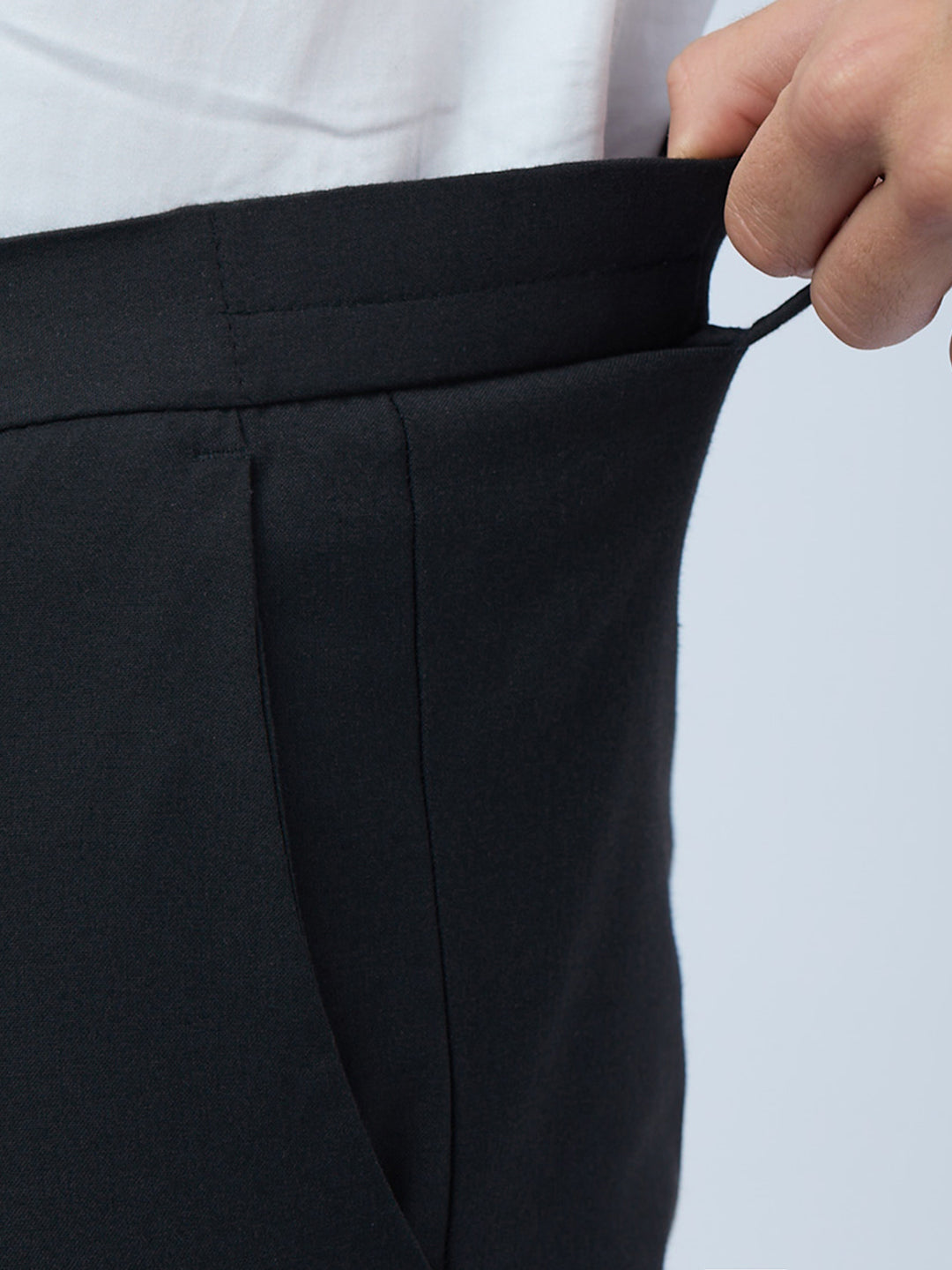 Black Poly Viscose Elastane Plain Tailor Fit Smart Casual Trousers