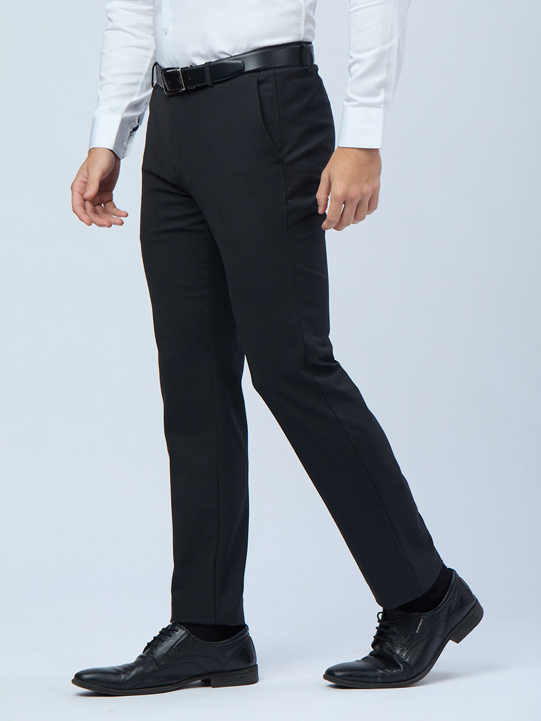 Black Poly Viscose Elastane Plain Tailor Fit Smart Casual Trousers