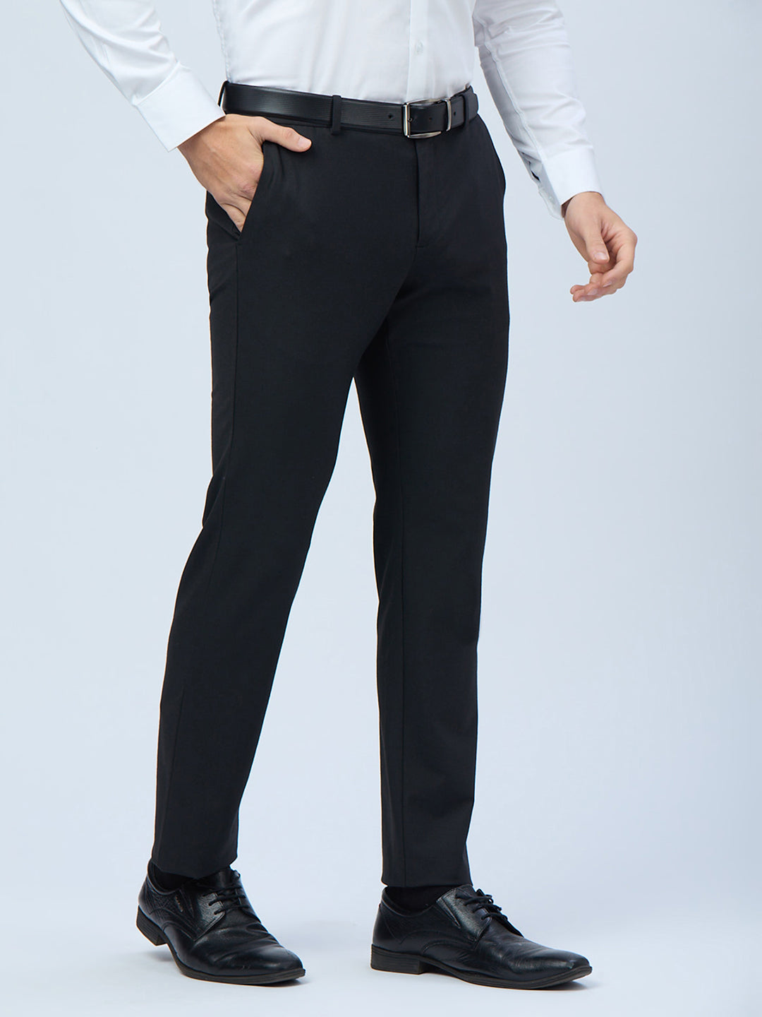 Black Poly Viscose Elastane Plain Tailor Fit Smart Casual Trousers