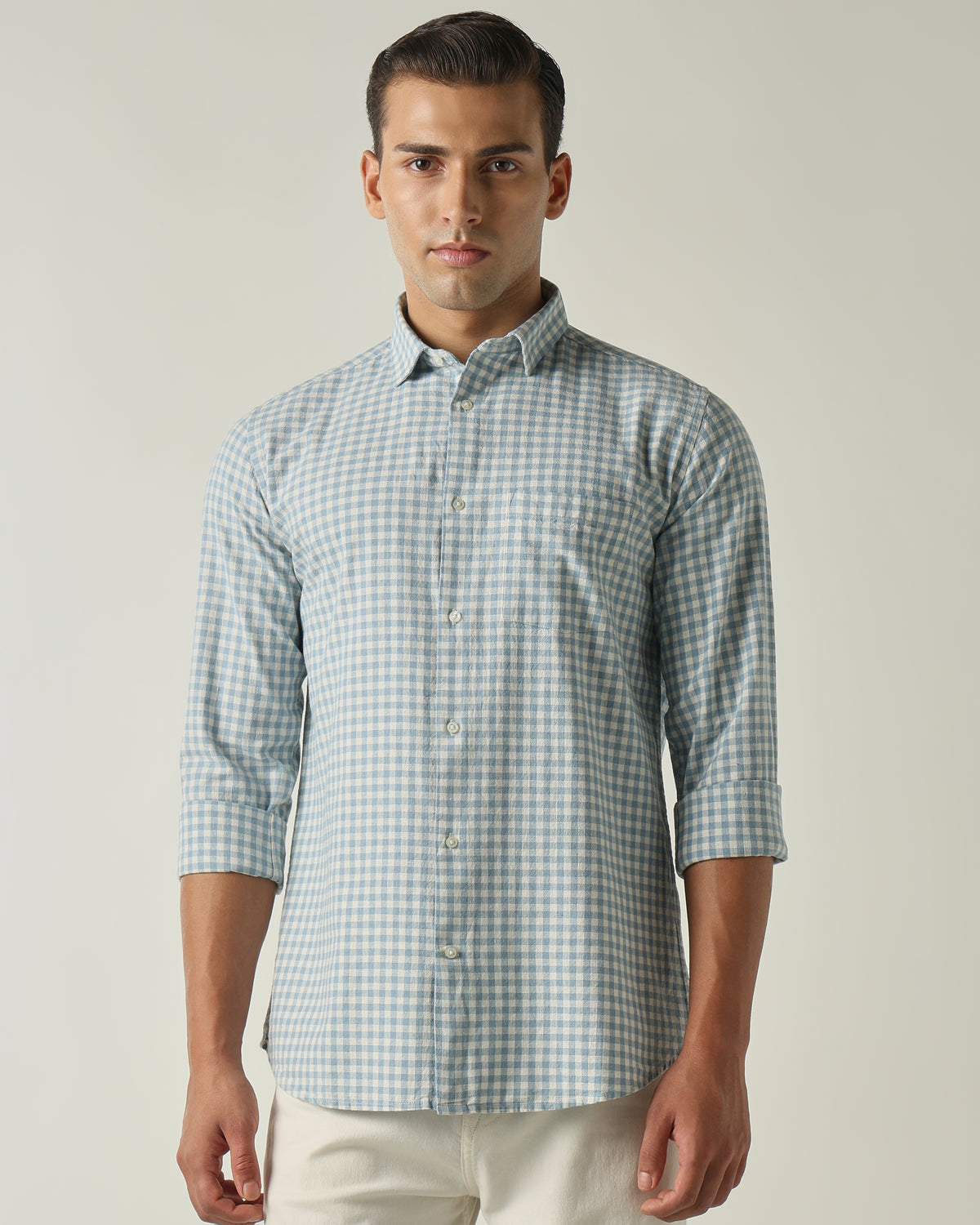 Men's Cotton Linen Checks Slim Fit Full Sleeve Casual Shirt - Blue