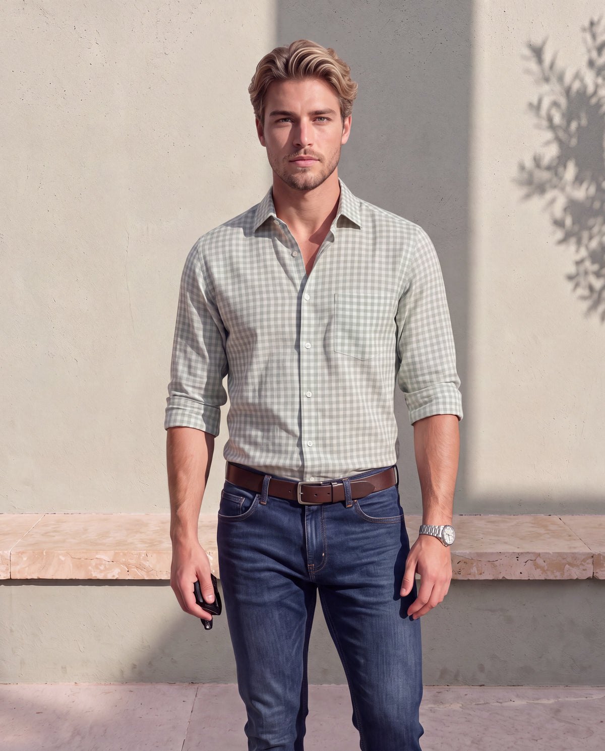 Men's Cotton Linen Checks Slim Fit Full Sleeve Casual Shirt - Green