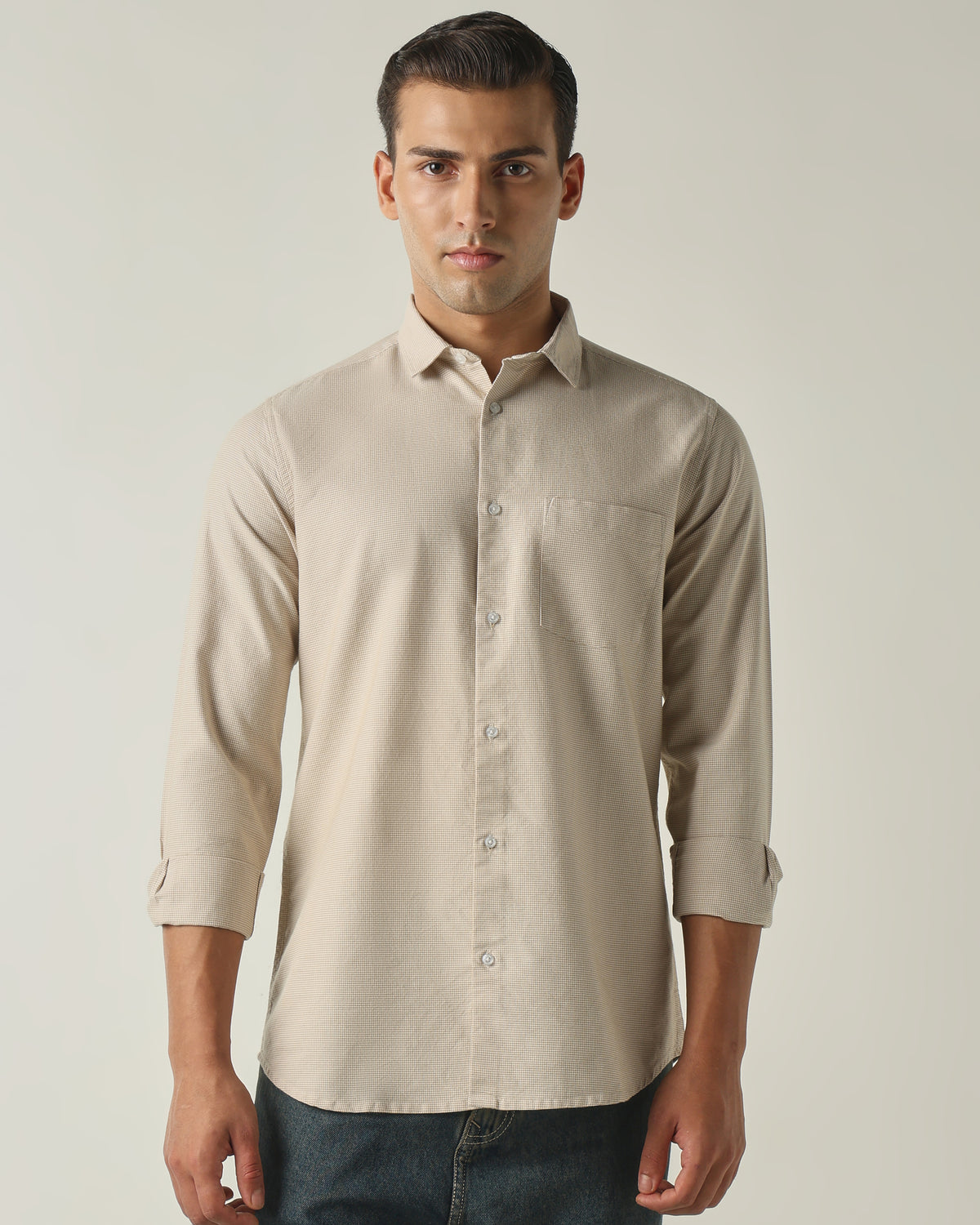 Men's Pure Cotton Houndstooth Checks Slim Fit Full Sleeve Casual Shirt - Beige