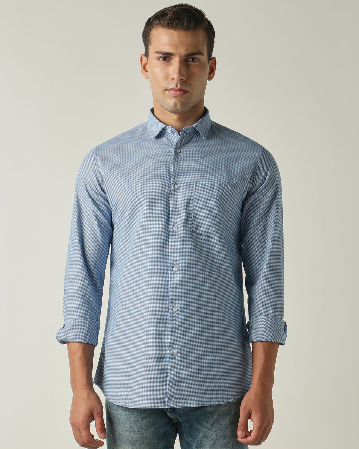 Men's Pure Cotton Houndstooth Checks Slim Fit Full Sleeve Casual Shirt - Blue