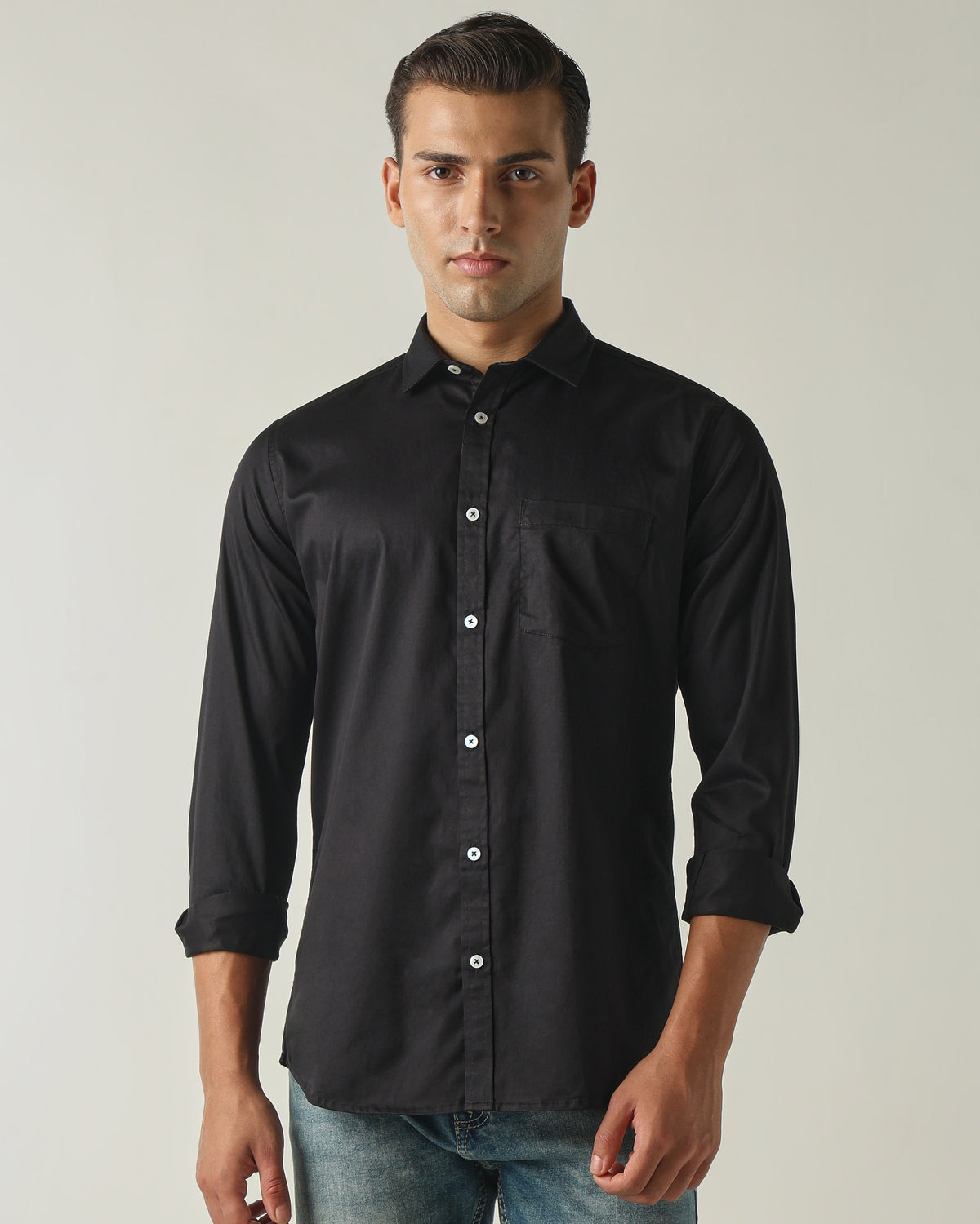 Men's Pure Cotton Solid Slim Fit Full Sleeve Casual Shirt - Black