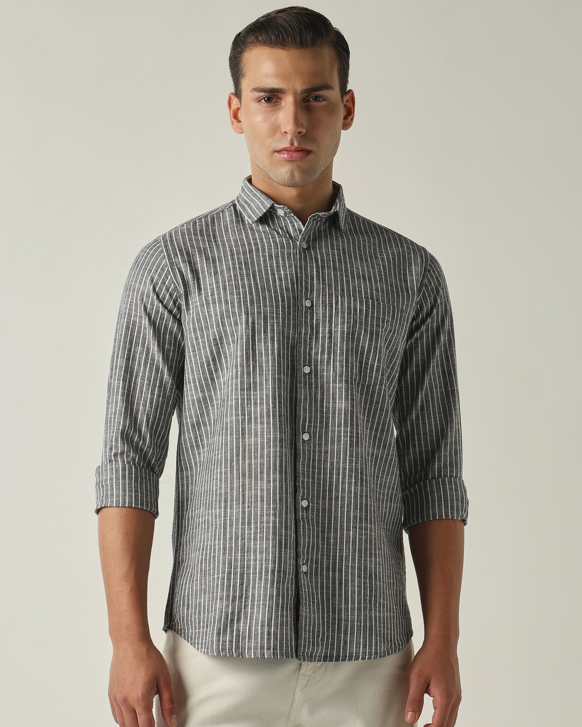 Men's Pure Cotton Stripes Slim Fit Full Sleeve Casual Shirt - Black