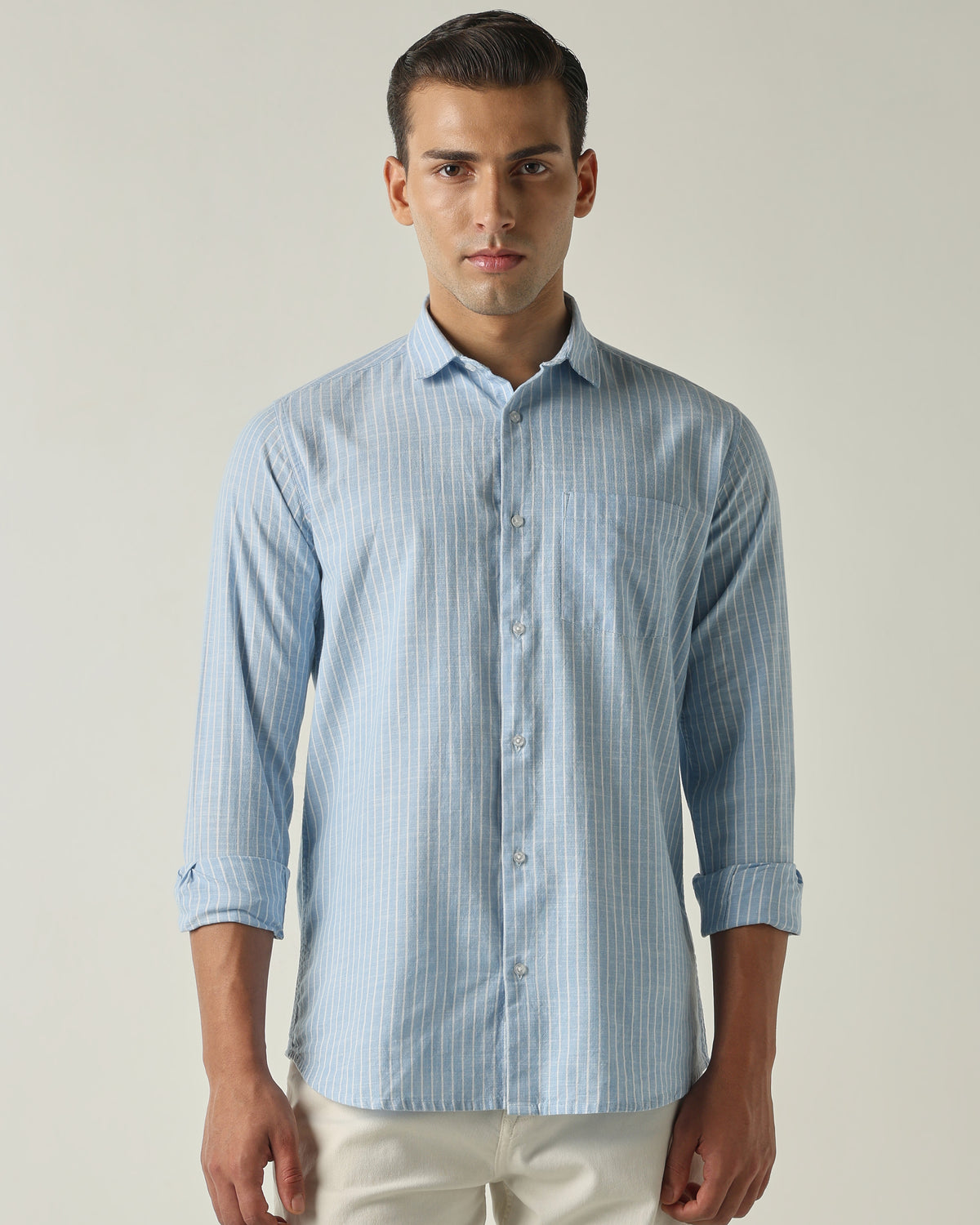 Men's Pure Cotton Stripes Slim Fit Full Sleeve Casual Shirt - Blue