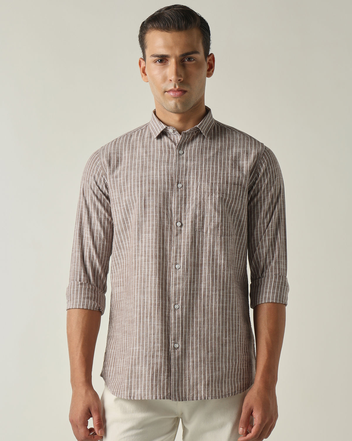 Men's Pure Cotton Stripes Slim Fit Full Sleeve Casual Shirt - Brown