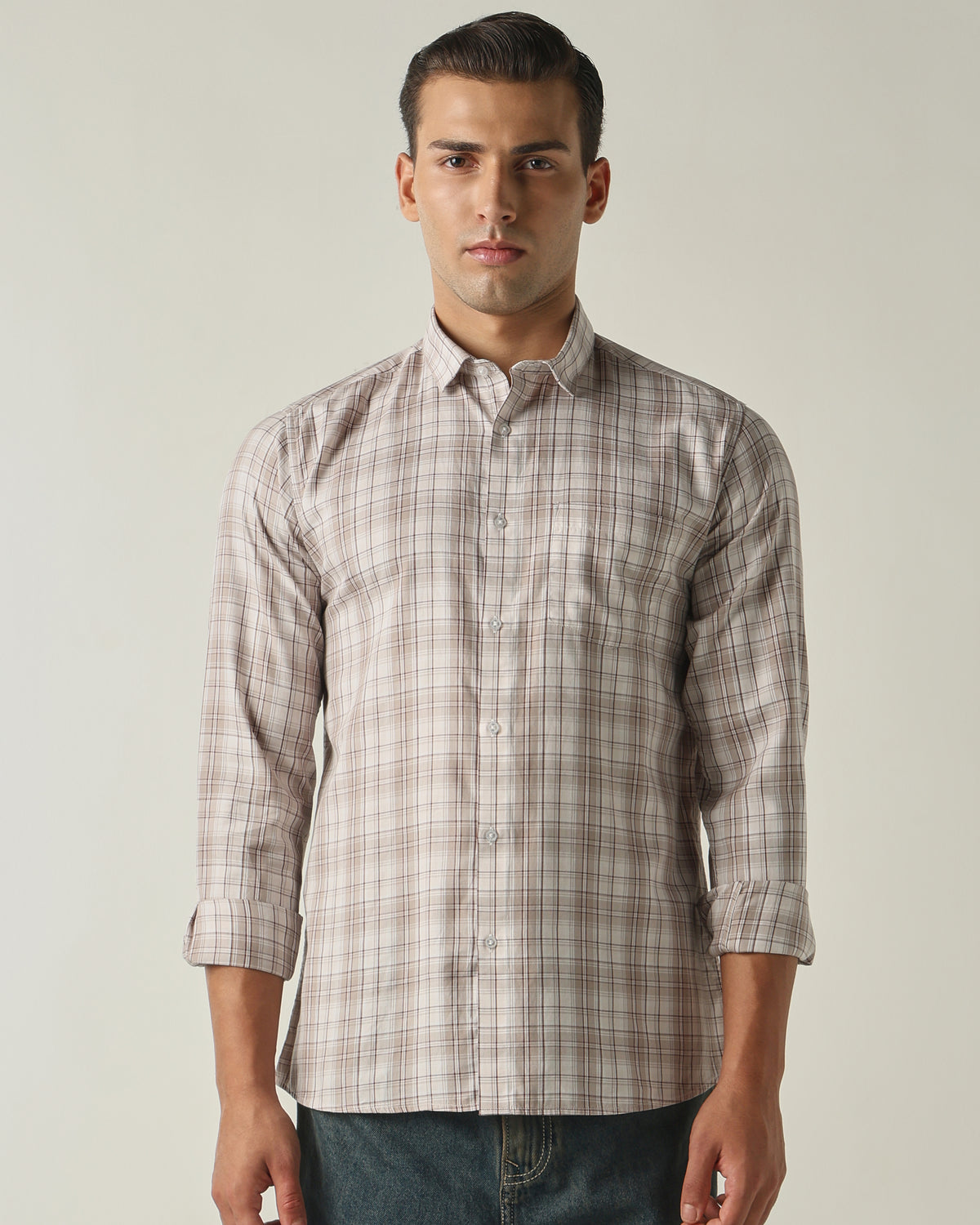 Men's Pure Cotton Checks Slim Fit Full Sleeve Casual Shirt - Beige