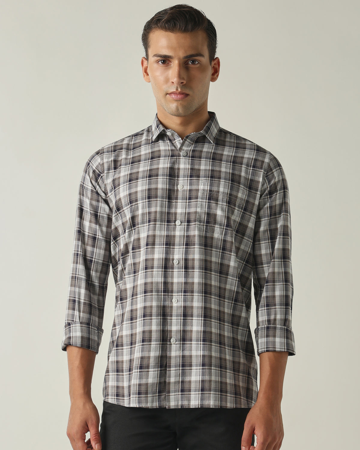 Men's Pure Cotton Checks Slim Fit Full Sleeve Casual Shirt - Beige