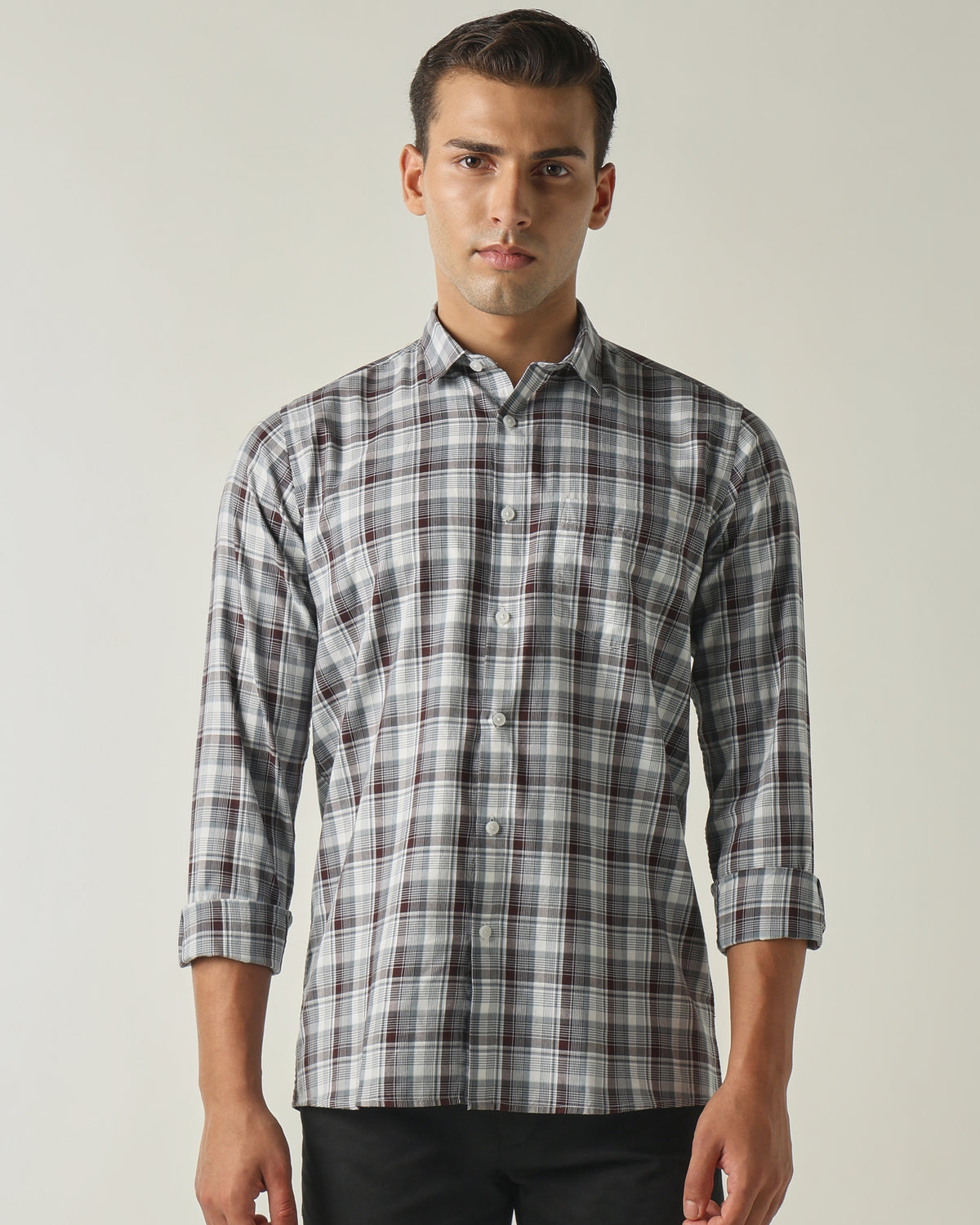Men's Pure Cotton Checks Slim Fit Full Sleeve Casual Shirt - Grey