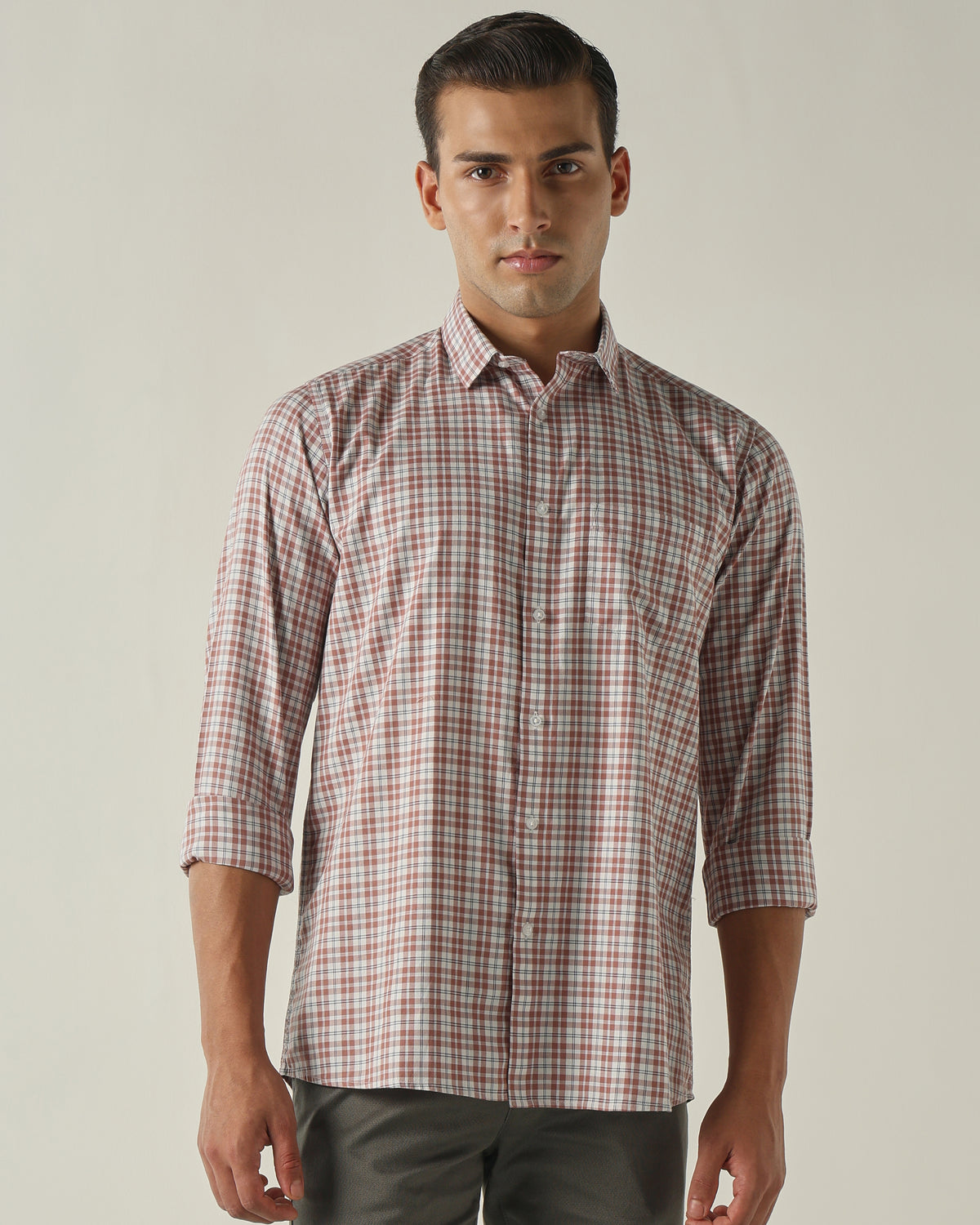 Men's Pure Cotton Checks Slim Fit Full Sleeve Casual Shirt - Brown