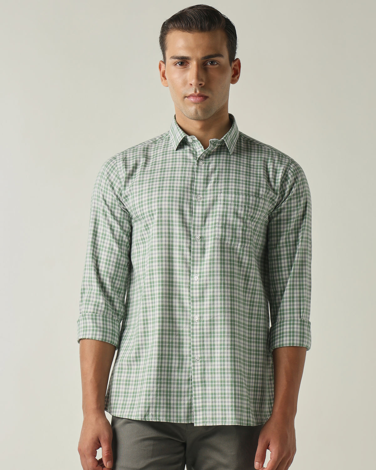 Men's Pure Cotton Checks Slim Fit Full Sleeve Casual Shirt - Green