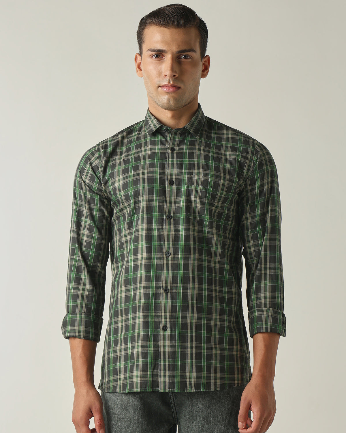 Men's Pure Cotton Checks Slim Fit Full Sleeve Casual Shirt - Green