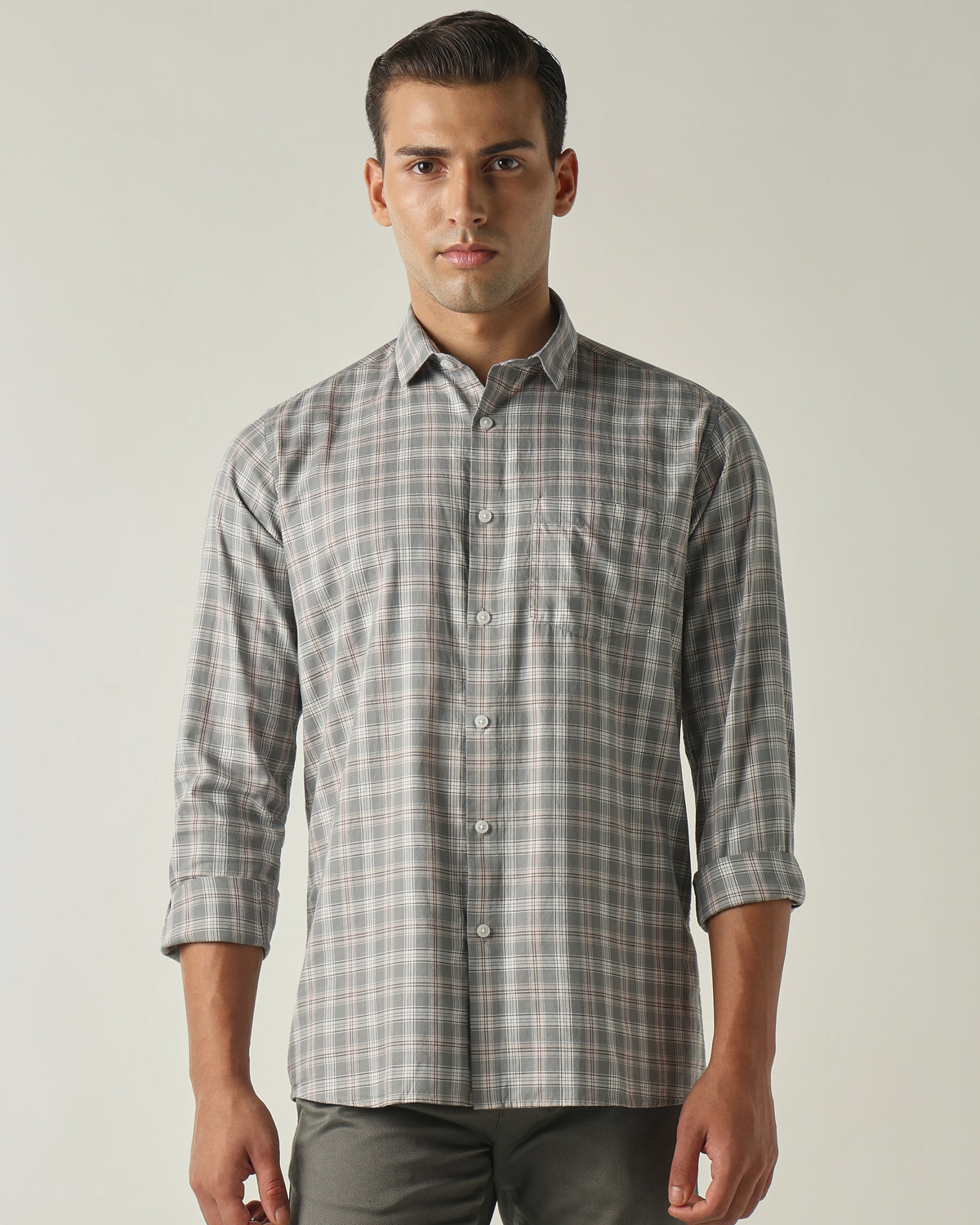 Men's Pure Cotton Checks Slim Fit Full Sleeve Casual Shirt - Grey