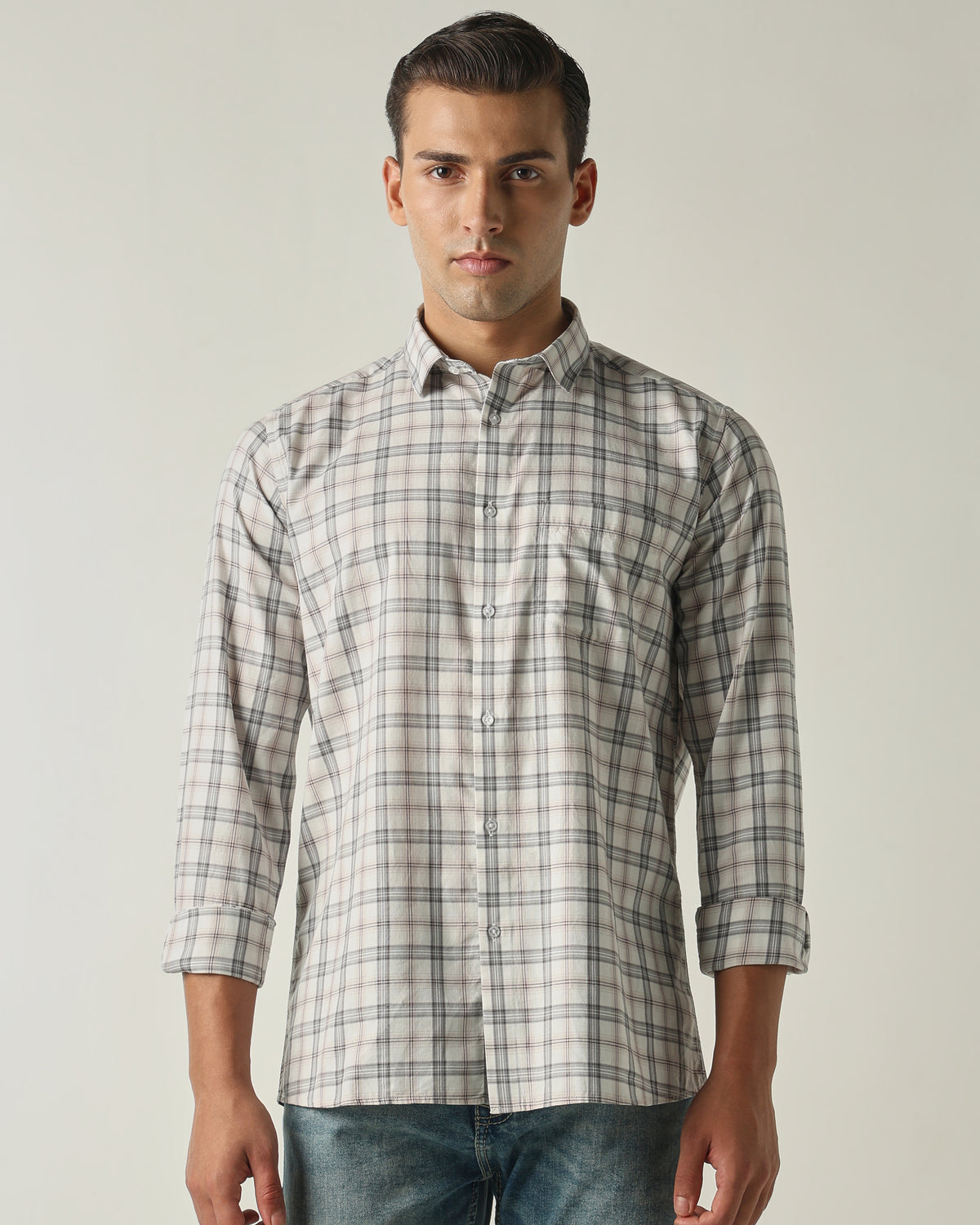 Men's Pure Cotton Checks Slim Fit Full Sleeve Casual Shirt - White