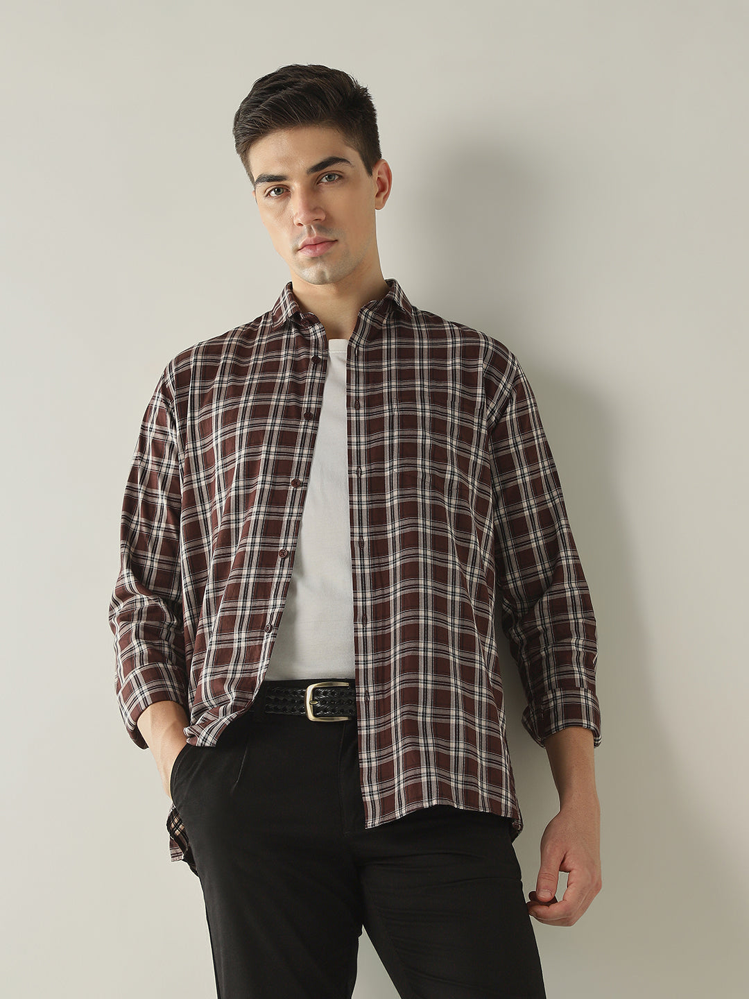 Men's Pure Cotton Checks Slim Fit Full Sleeve Casual Shirt - Maroon