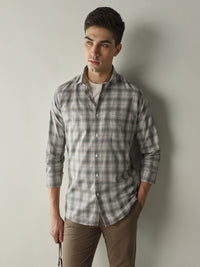 Men's Pure Cotton Checks Slim Fit Full Sleeve Casual Shirt - Beige