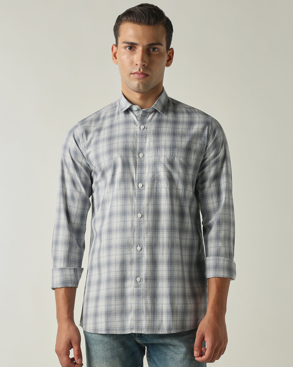 Men's Pure Cotton Checks Slim Fit Full Sleeve Casual Shirt - Grey