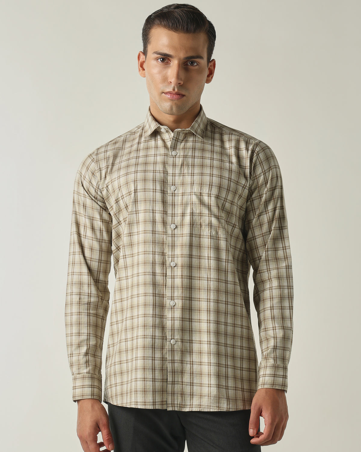 Men's Pure Cotton Checks Slim Fit Full Sleeve Casual Shirt - Beige