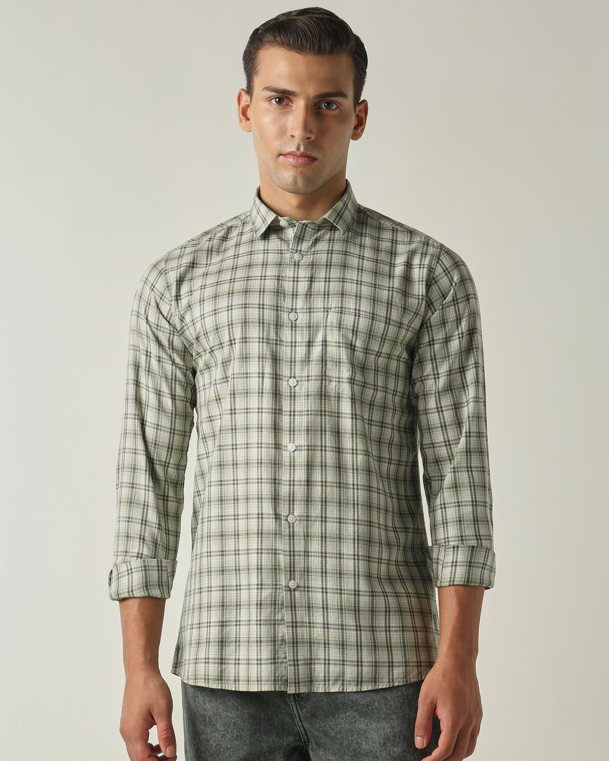Men's Pure Cotton Checks Slim Fit Full Sleeve Casual Shirt - Green