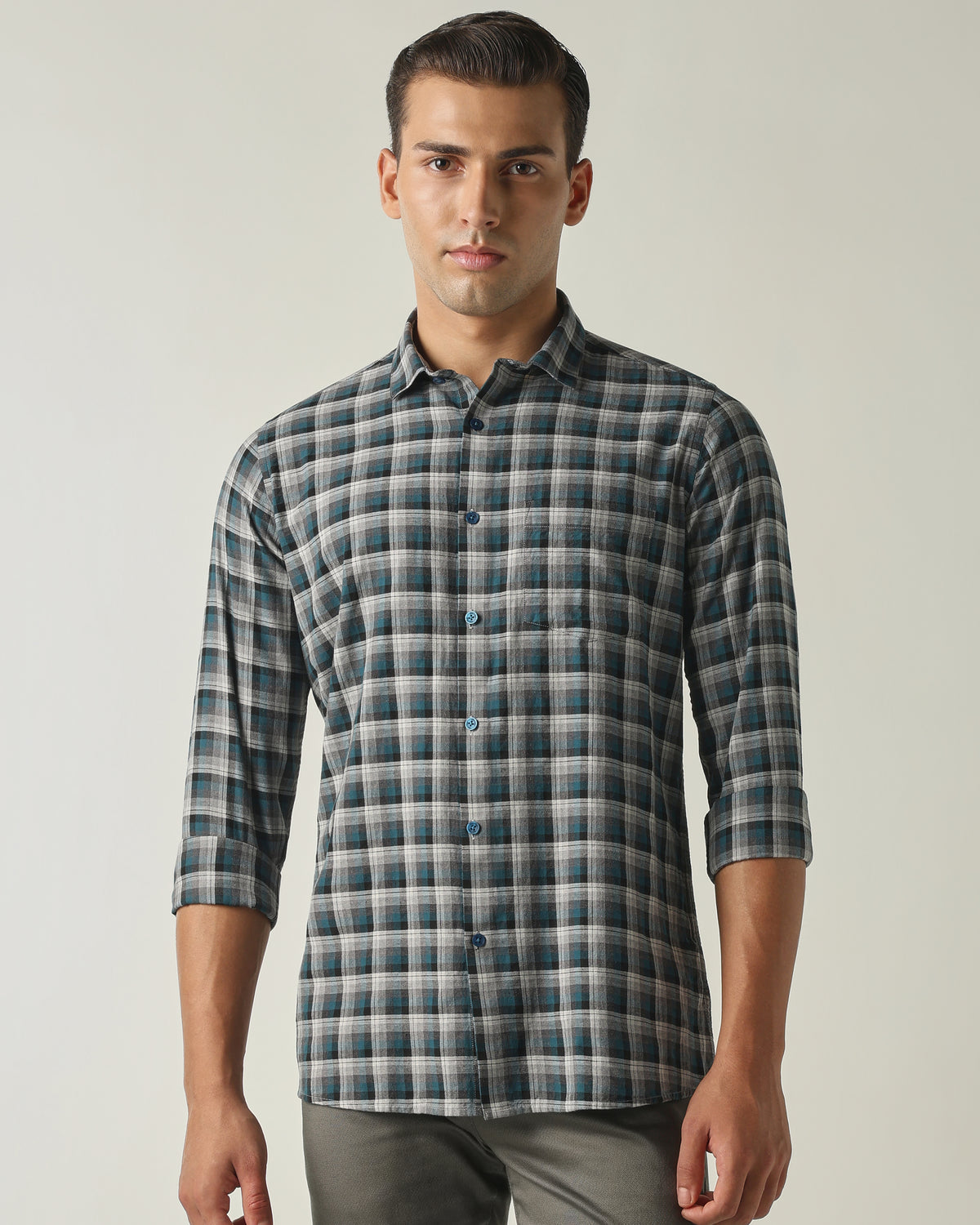 Men's Pure Cotton Checks Slim Fit Full Sleeve Casual Shirt - Green