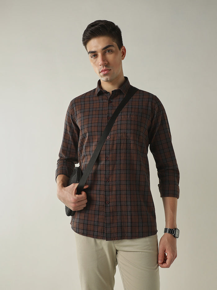Men's Pure Cotton Checks Slim Fit Full Sleeve Casual Shirt - Brown