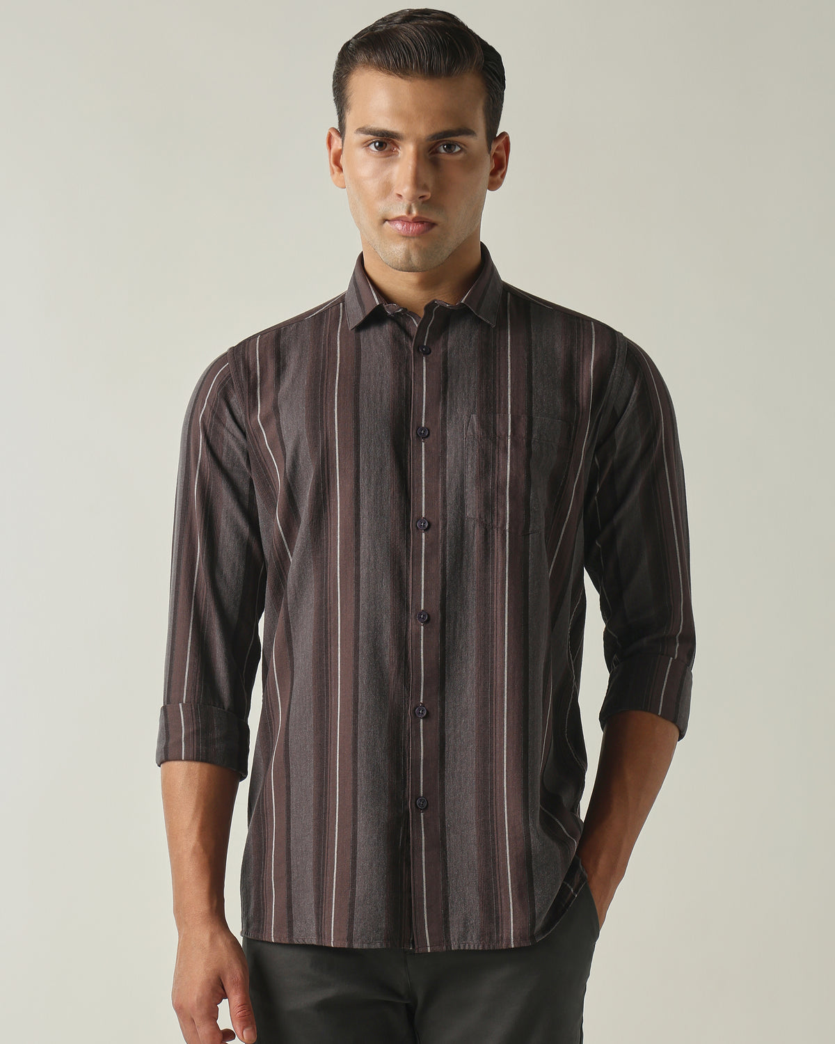 Men's Pure Cotton Stripes Slim Fit Full Sleeve Casual Shirt - Brown