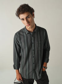 Men's Pure Cotton Stripes Slim Fit Full Sleeve Casual Shirt - Green