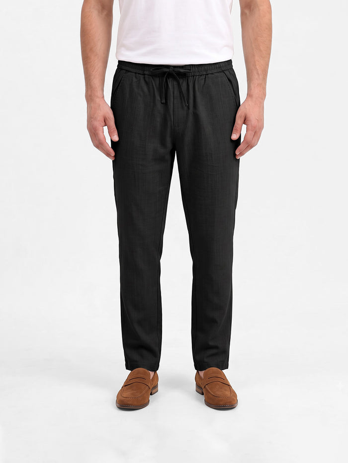 Men's Solid Pure Cotton Regular Fit Casual Trousers - Black