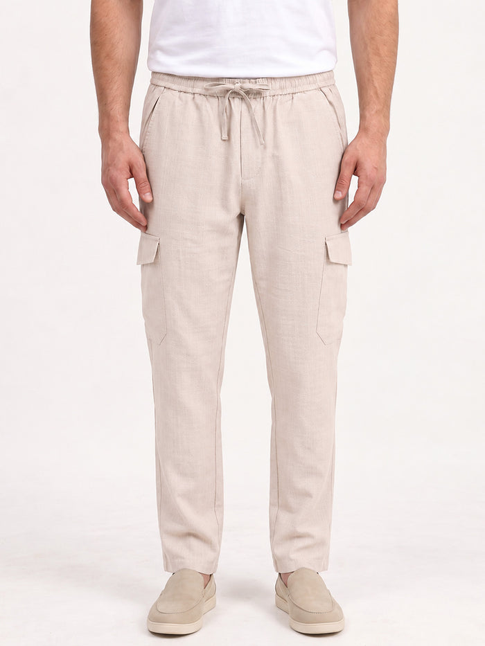 Men's Solid Pure Cotton Regular Fit Casual Trousers - Fawn