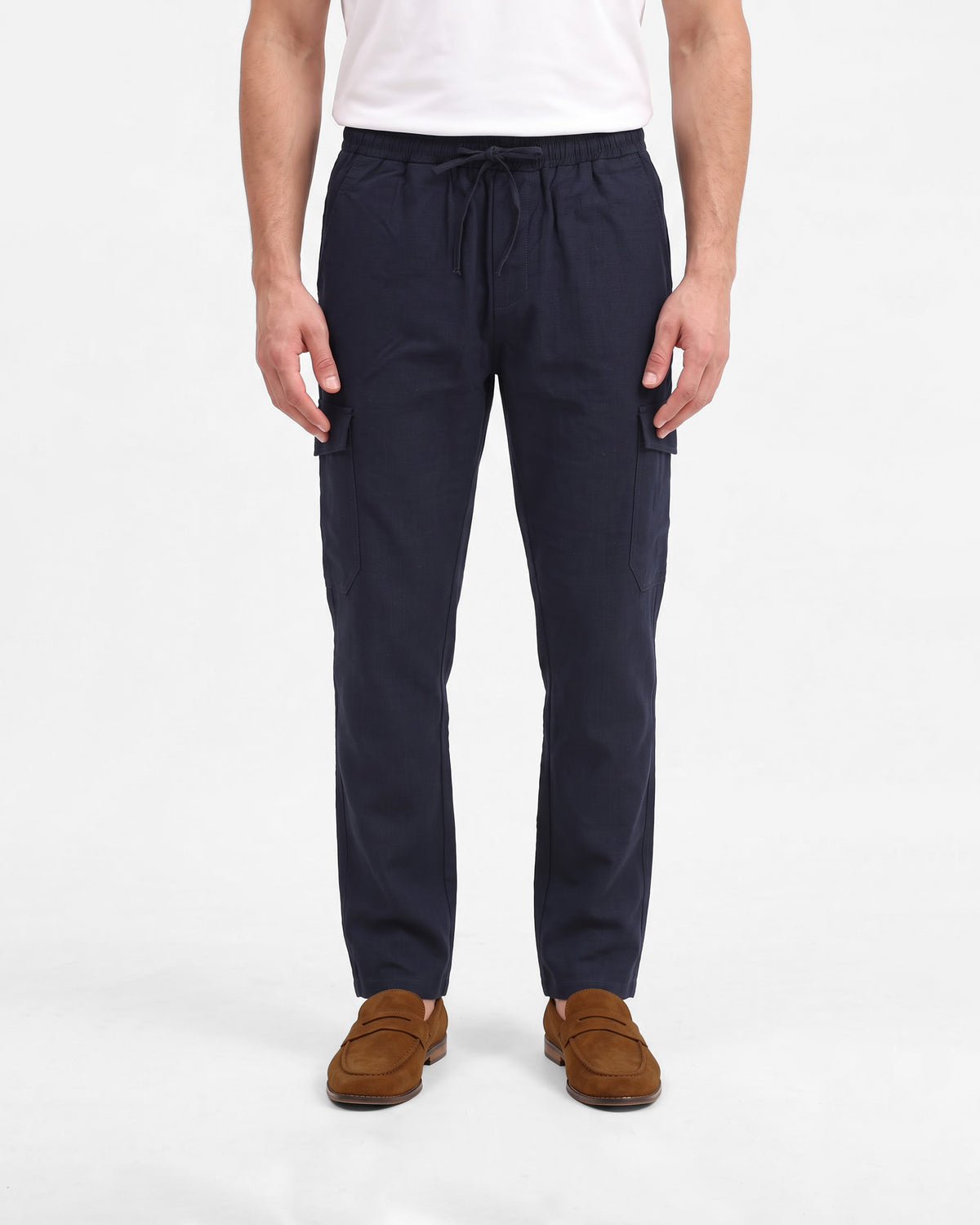 Men's Solid 100% Cotton Regular Fit Casual Trousers-Navy