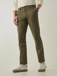 Men's Solid Pure Cotton Solid Regular Fit Casual Trousers - Olive