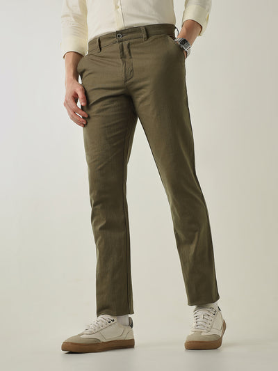 Men's Solid Pure Cotton Solid Regular Fit Casual Trousers - Olive