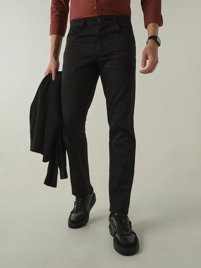 Men's Solid Cotton Lycra Solid Regular Fit Casual Trousers - Black