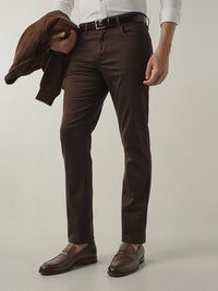 Men's Solid Cotton Lycra Solid Regular Fit Casual Trousers - Brown