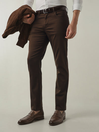 Men's Solid Cotton Lycra Solid Regular Fit Casual Trousers - Brown