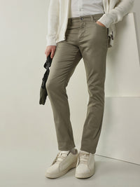 Men's Solid Cotton Lycra Solid Regular Fit Casual Trousers - Stone