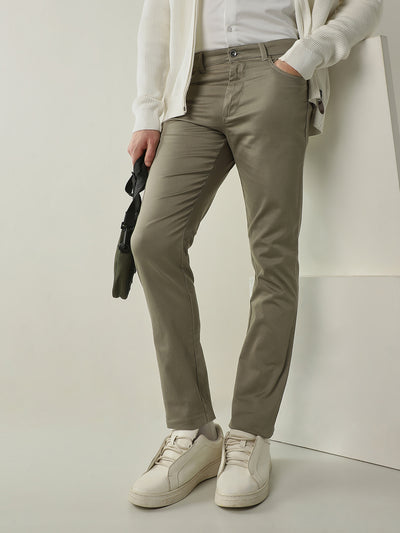 Men's Solid Cotton Lycra Solid Regular Fit Casual Trousers - Stone
